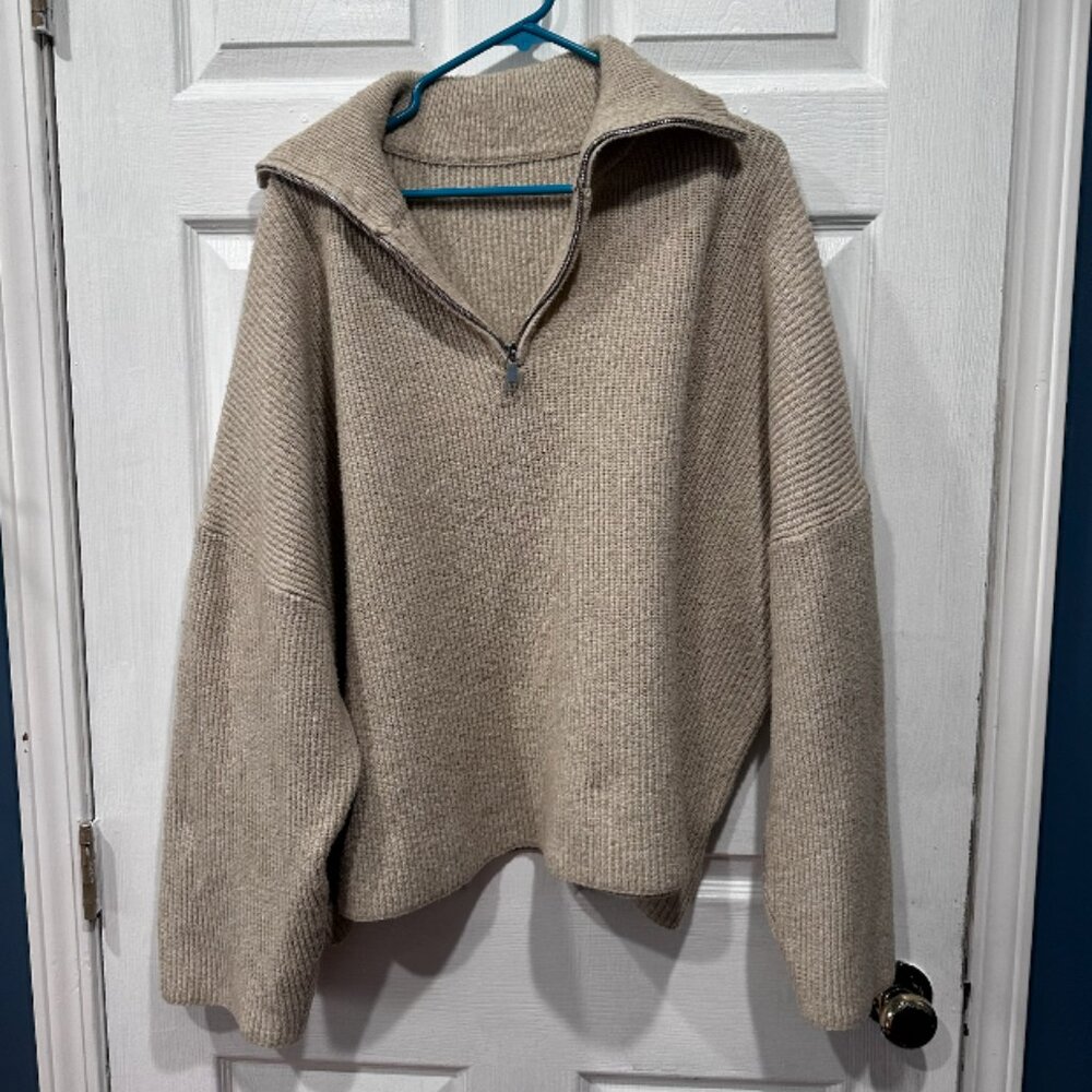 Tan Ribbed Quarter-Zip Sweater – Slightly Cropped – Loose Fit